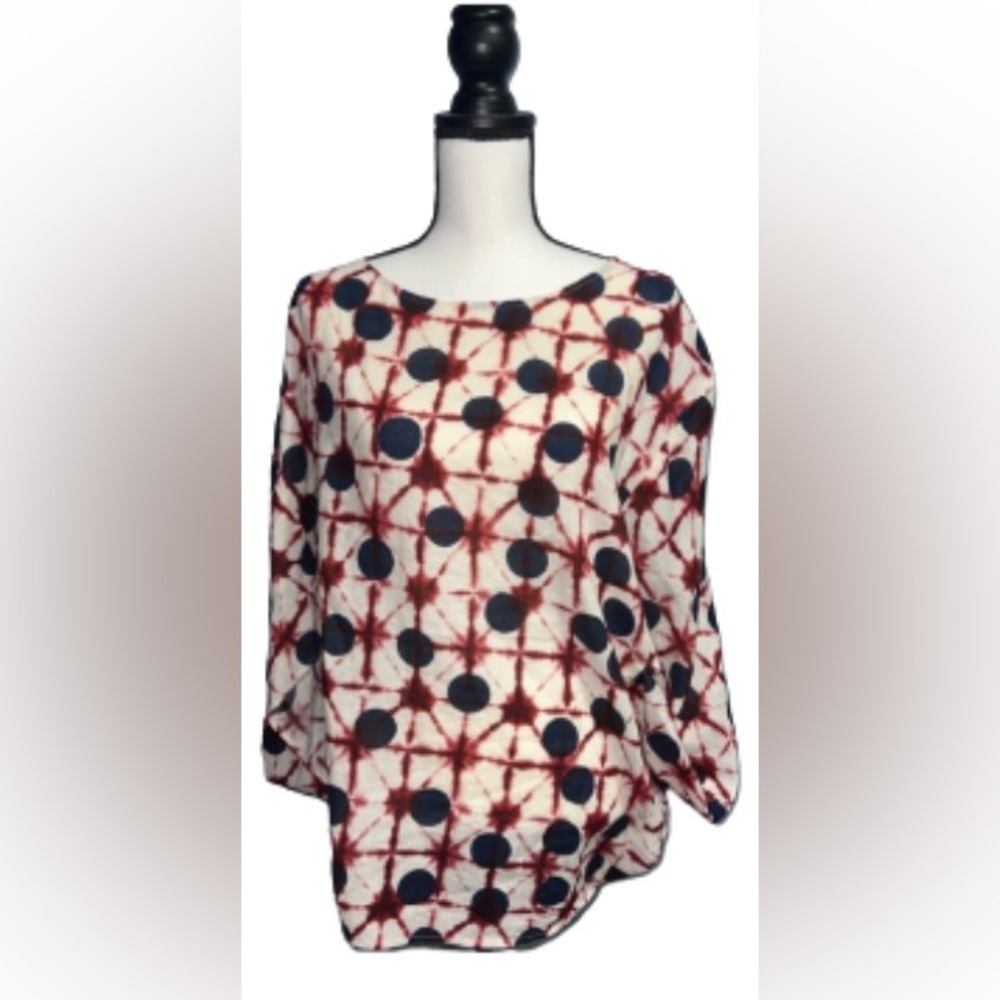 Simple Suzanne “Betro Burgundy Navy Tie Dye Dot Bell Sleeve Dolman Shirt”